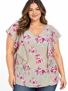 Torrid Top Grey Floral Ruffle Georgette Blouse Plus Size 1 | 1X